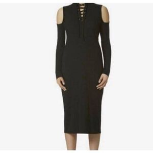 AVEC LES FILLES RIBBED BLACK COLD SHOULDER BODYCON LONG SLEEVE DRESS SZ.M EUC.